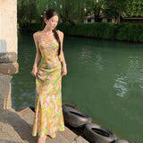 2025 Travel photo good-looking skirt, thin and tall artist oil painting skirt satin suspender skirt long gentle wind