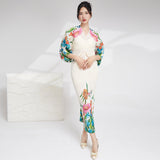 2025 bat sleeve pleated dress v-neck loose meat covering high-end women's clothing one-step straight long dress Popular style