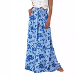 kamames New Women's High Waist Wide Leg Pants Casual Casual Wide Leg Pants Floral Solid Color Beach Pants with Pockets