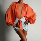 2025 Popular,  ins hot-selling  summer new suit women's sexy deep V long-sleeved onesie high waist hip skirt