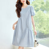 Cotton cocoon, blue bubble sleeve dress women's  summer new loose and thin design niche thin skirt