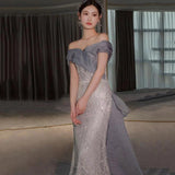 Light blue banquet dress, heavy industry bead super fairy light luxury fishtail skirt, toast dress, annual meeting one-word shoulder catwalk dress