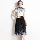 Pleated summer new fashion slim-fit shirt + printed pleated skirt two-piece set