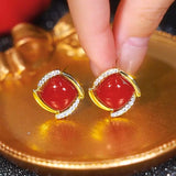 New Year's earrings burgundy square stud earrings silver needles sweet temperament ankela red rhombus ear buckle festive earrings