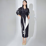 2025 bat sleeve pleated dress v-neck loose meat covering high-end women's clothing one-step straight long dress Popular style