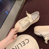 kamames Silk Surface Platform Shoes Women's  Summer New Lace up Casual Breathable Two-Way round Head Canvas White Shoes