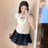 summer new doll collar bow short-sleeved ruffle edge single-breasted fashionable versatile shirt women MZ031