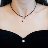 Retro black crystal necklace beaded fringed neck chain simple temperament shiny black niche collarbone chain