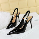 2025 1859-A1  style banquet women's shoes patent leather, shallow mouth, pointed head, hollow back strap, metal chain, high heel single shoes