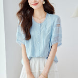 Cotton,  lace hollow short-sleeved shirt women's summer Popular style age-reducing short super good-looking top
