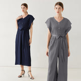 Pleated bag sleeve jumpsuit women's popular summer new belt straight wide-leg pants solid color slim-fit nine-point pants
