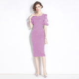 Haute Sense Heavy Industry Nail Drilled Feather Fringed Crew Neck Dress Women's Skinny Temperament Bubble Sleeve Dress Long Dress