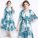 Hot trade chiffon dress women's popular new summer dress printing medium sleeve loose and thin medium and long holiday skirt
