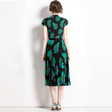 Spring and summer  new pleated suit women's short-sleeved printed T-shirt skirt fashion temperament two-piece set
