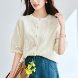 Cotton cocoon,  retro embroidered short-sleeved shirt women's summer gold buckle lantern sleeve design sense chic small shirt
