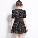 Small Women's popular Summer  Retro Printed Dress V-Neck Lace Waist Skinny Tea Break Dress