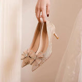 kamames New Pointed Toe Rhinestone Bow Stiletto Heel High Heels Women's Elegant Socialite Crystal Wedding Shoes Pumps Bridal Shoes