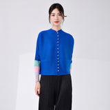 2025 National style new Chinese top spring and summer women's design sense stand-up collar buckle retro loose long-sleeved cardigan pleated T-shirt