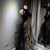 New evening dress black advanced sense slim temperament celebrity host neck fishtail skirt wedding toast dress spring
