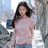 New Chinese style jacquard design shirt  summer retro stand-up collar bubble sleeve embroidered top women's N4068