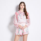 Hot trade sweet bow lace-up lantern long-sleeved waist printed chiffon shirt + shorts two-piece suit for women