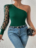 New women's clothing popular new slanted shoulder single-sleeved polka dot mesh stitching long-sleeved waist and thin women's top T
