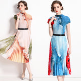 Pleated  summer new fashion corn kernels top + temperament pleated skirt two-piece set