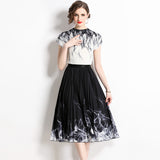 Pleated summer new fashion slim-fit shirt + printed pleated skirt two-piece set