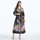popular New women's clothing court style V-neck lantern sleeves painted and printed long-sleeved lady waist ruffle edge skirt