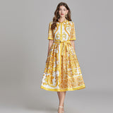 Popularan Station popular summer catwalk new retro printing medium and long dress lace-up waist lapel shirt dress