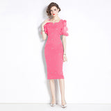 Haute Sense Heavy Industry Nail Drilled Feather Fringed Crew Neck Dress Women's Skinny Temperament Bubble Sleeve Dress Long Dress
