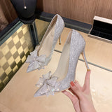 kamames New Pointed Toe Rhinestone Bow Stiletto Heel High Heels Women's Elegant Socialite Crystal Wedding Shoes Pumps Bridal Shoes