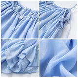 New blue acetic acid suspender shirt women's summer chic sweet and spicy niche design ruffle top M5027