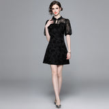 National style improved version of cheongsam skirt women's summer retro buckle black dress mesh stitching bubble sleeve a-word short skirt