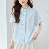 Cotton cocoon, square neck embroidered short-sleeved shirt for women in summer 25, new temperament age-reducing design sense jacquard shirt for women