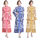 Light luxury temperament stand-up collar horn sleeve waist celadon printed a-word dress elegant dress long dress