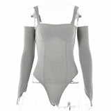 2025 New autumn clothing women's suspender top, sexy slim-fitting one-word collar, solid color chest-showing belt, long-sleeved onesie