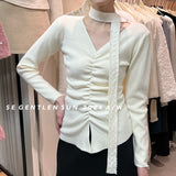 2025 popular autumn new temperament V-neck scarf bottoming shirt long-sleeved knitted sweater women's top women's 25F52