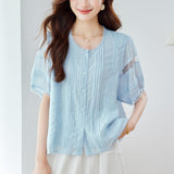 Cotton,  lace hollow short-sleeved shirt women's summer Popular style age-reducing short super good-looking top