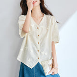 Cotton cocoon  summer new temperament v-neck lace embroidered short-sleeved shirt women's  bubble-sleeved short top