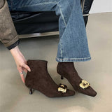 2025  Skinny boots popular new autumn and winter with skirt metal buckle pointed head thin heel medium heel temperament  low heel short boot velvet