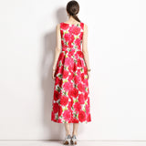spring and summer new holiday style printing waist and thin elegant temperament sleeveless dress long women