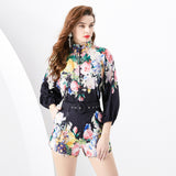 Spring/Summer popular - Vintage V-Neck Lantern Sleeve Shrinkled Fungus Edge Lantern Sleeve Shirt + Vintage Shorts Two-piece Set