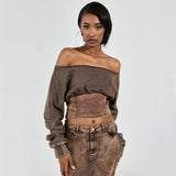 2025 Wasteland wind one-word collar off-the-shoulder pullover knitted sweater for women's high-end sense spring new made old curled waist knitted sweater