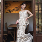 New Chinese style women's clothing  new temperament light luxury beads embroidered skirt vest two-piece set women's N4079
