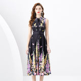 Women's Clothing Spring/Summer popular - Ribbon Neck Sleeveless Pleated Single Placket Long Vintage Oil Painting Printed Dress