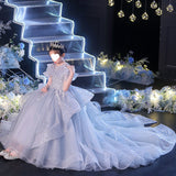 Kamames  Children's Wedding Dress Dress Trailing Catwalk Tulle Tutu Girls Little Host Flower Girl Piano Fairy Costume