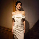 2025 One-word shoulder  light wedding dress satin simple temperament fishtail thin welcome trailing out dress small man