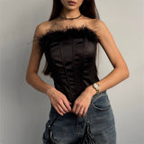 2025 High-end New fashion ostrich hair splicing fish bone vest spring and summer new strap waist tube top pure desire