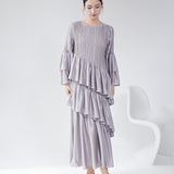 2025 Hot trade dress women's spring and summer high-end round neck horn sleeve cake skirt fashion temperament elegant pleated dress skirt